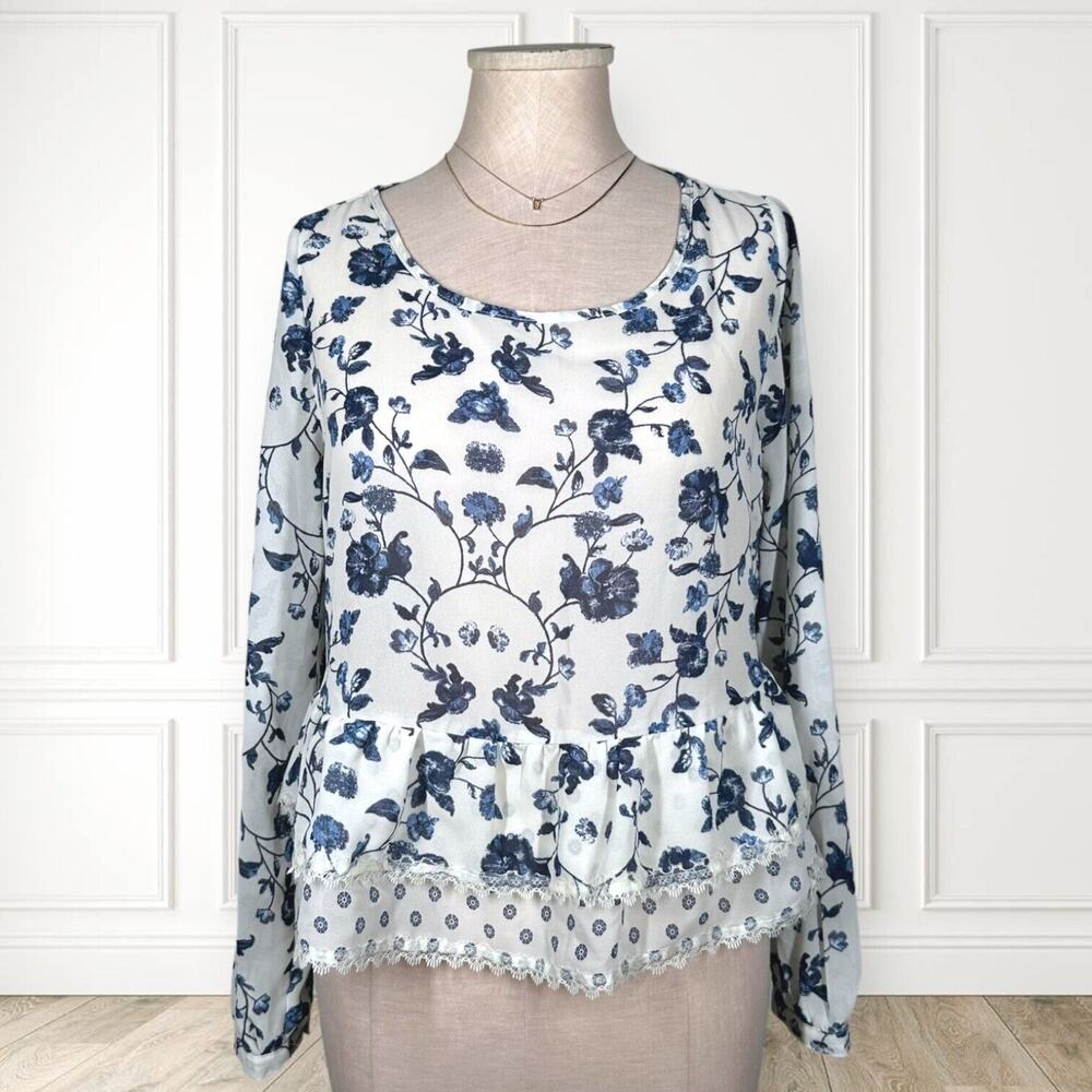 XHILIRATION Peplum Tiered Ruffle Floral Blouse Chiffon Long Sleeve Blue Small